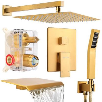 Wall Mounted Shower Faucet Set, Shower System with Tub Spout, 10 Inch Rainfall Shower Head with Handheld Spray, Waterfall Tub Spout Bathtub Faucet, Brushed Gold - color: Brushed Gold