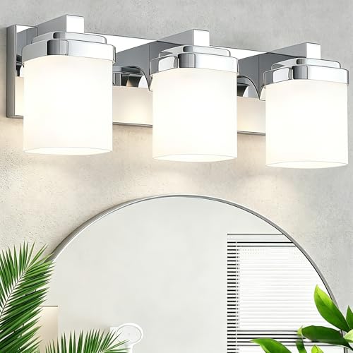 17 Inchs Bathroom Vanity Light, 3-Light Chrome Bathroom Light Fixtures Over Mirror, Bathroom Light Shower Lamp with Milky White Square Glass Shade, Modern Farmhouse Lighting Fixtures - color: Chrome, size: 17 Inch : 3-lights