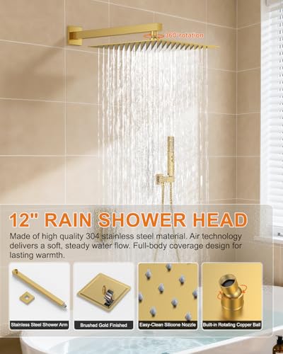 Brushed Gold Shower System with Tub Spout, Wall Mounted Bathtub Shower Faucet Set, 12" Rainfall Shower Head and Handheld Shower Combo, High Pressure Shower Fixtures Set with Rough-in Valve - color: Brushed Gold, style: 12" Wall Mounted Shower System with