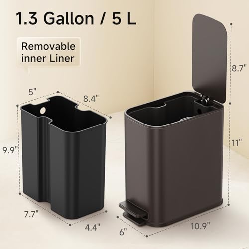 TIPGO Small Bathroom Trash Can with Lid Soft Close, Step Pedal, 1.3 Gallon / 5 Liter Stainless Steel Slim Garbage Can for Office, Diaper Waste Basket with Removable Inner Bucket (Brown) - color: Brown