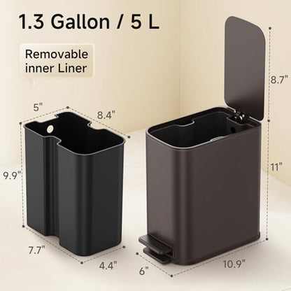 TIPGO Small Bathroom Trash Can with Lid Soft Close, Step Pedal, 1.3 Gallon / 5 Liter Stainless Steel Slim Garbage Can for Office, Diaper Waste Basket with Removable Inner Bucket (Brown) - color: Brown