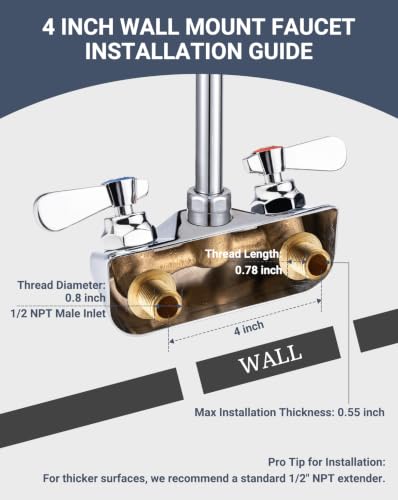Commercial Sink Faucet Wall Mount 4" Center Hand Sink Faucet - 3-1/2" Gooseneck Spout, Dual Lever Handles for Commercial Kitchen, Laundry/Utility Room, Restaurant | Brass Body, Ceramic Valve - size: 4" Center 3-1/2" Swivel Spout