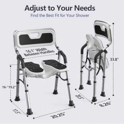 U-Shape Shower Chair for Inside Shower with Arms and Back | Folding Shower Chair with Adjustable Height, Tool-Free, Shower Chair for Elderly and Disabled, Pregnant, Handicap, FSA/HSA