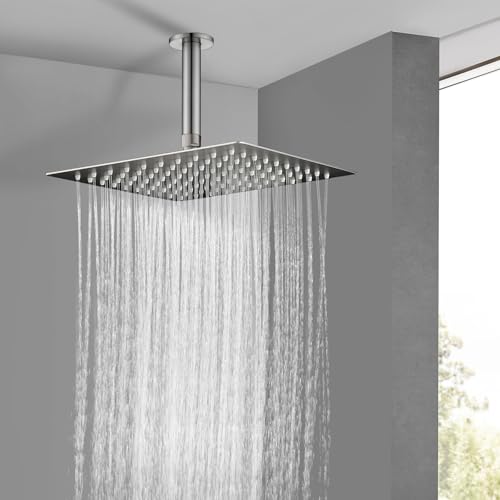 Rain Shower Head 10'' High Pressure Square Rainfall Shower Head Stainless Steel Ultra Thin Waterfall Bathroom Showerhead Body Covering Ceiling Mounted (Brushed nickel)