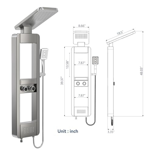 ELLO&ALLO Shower Panel Tower System with Shelf, Rainfall Shower Head and Rain Massage System with Body Jets, Stainless Steel Bathroom Fixtures, Brushed Nickel&Chrome