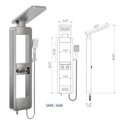 ELLO&ALLO Shower Panel Tower System with Shelf, Rainfall Shower Head and Rain Massage System with Body Jets, Stainless Steel Bathroom Fixtures, Brushed Nickel&Chrome