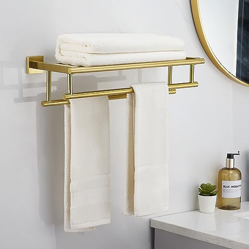 Bathroom Towel Rack 24 Inch Tower Holder with Double Towel Bar Brushed Gold Towel Rack Wall Mounted SUS304 Stainless Steel Hotel Towel Shelf Modern Towel Hanger - color: Brushed Gold, size: 24 Inch/ 60cm