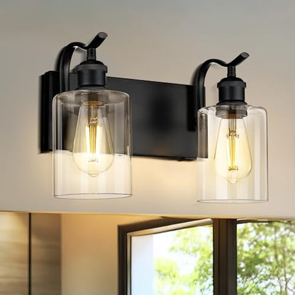 2-Light Black Bathroom Light Fixture Over Mirror, Modern Vanity Light, Clear Glass Wall Sconce, VL01BK-2 - color: Black & Clear Glass, size: 2 LIGHT