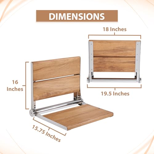 Teak Shower Seat - Contour Wood / Folding Wall Mount Bench for Inside Shower / ADA Safety Assist / 304 Stainless Steel / Polished Chrome / 18" x 16" - color: Polished Chrome, Teak, size: 18" x 16"