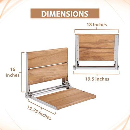 Teak Shower Seat - Contour Wood / Folding Wall Mount Bench for Inside Shower / ADA Safety Assist / 304 Stainless Steel / Polished Chrome / 18" x 16" - color: Polished Chrome, Teak, size: 18" x 16"