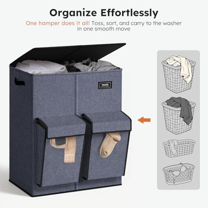 SOLEDI 180L Double Laundry Hamper with Lid and 2 Side Pockets, Dual Hamper | 2 Section Laundry Basket, Removable & Washable Laundry Bags, 180L Large Capacity, for Bedroom, Bathroom, Laundry Room, Dorm - color: Navy Blue