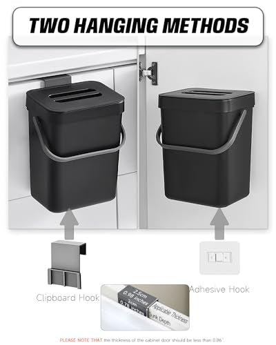 1.3 Gal Kitchen Compost Bin, Hanging Small Trash Can, 5L, Black | With Lid, Hanging, Adhesive Mount, Countertop, for Kitchen Under Sink RV Bathroom Office - color: BLACK, size: 5 L / 1.3 Gal - Lid