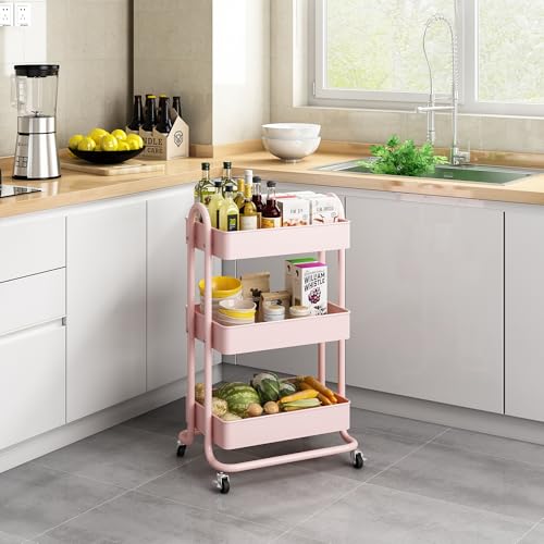 MIOCASA 3-Tier Metal Utility Rolling Cart, Heavy Duty Multifunction Cart with Lockable Casters, Easy to Assemble, Suitable for Office, Bathroom, Kitchen, Garden - style: Pink