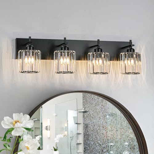 Black Crystal Bathroom Vanity Lights, Modern 4-Lights Bathroom Lighting Fixtures Over Mirror, Crystal Wall Lighting with Round Shade - color: Black-Round Shade, size: 4-Light