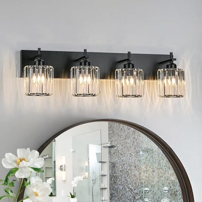 Black Crystal Bathroom Vanity Lights, Modern 4-Lights Bathroom Lighting Fixtures Over Mirror, Crystal Wall Lighting with Round Shade - color: Black-Round Shade, size: 4-Light