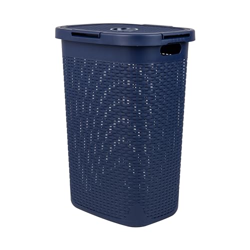Mind Reader Slim Laundry Hamper with Lid, 60L Tall Clothes Basket, Narrow Tapered Design for Bathrooms, Closets and Laundry Rooms, Plastic, Navy - color: Navy, size: 1 Piece