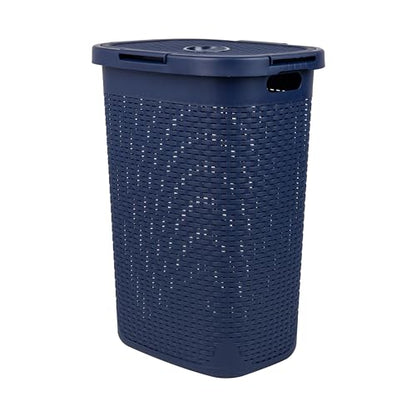 Mind Reader Slim Laundry Hamper with Lid, 60L Tall Clothes Basket, Narrow Tapered Design for Bathrooms, Closets and Laundry Rooms, Plastic, Navy - color: Navy, size: 1 Piece