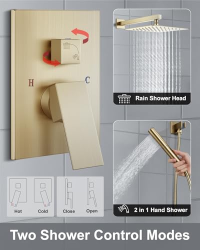 Aolemi Shower System with Rain Head and Handheld,10-Inch,Brushed Gold | High-Pressure Shower Faucet Set with Dual-Function Handheld,Rough-In Valve,1.8 GPM,Wall-Mount Trim Kit - color: Brushed Gold, size: 10 Inch