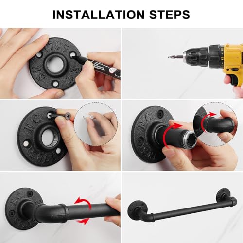 Industrial Pipe Towel Rack Towel Bar, Heavy Duty Wall Mounted Rustic Farmhouse Bath Towel Holder for Bathroom (Black, 12 inch) - color: Black, size: 12 inch