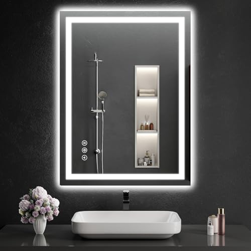 22"x30" Lighted LED Bathroom Mirror with Lights,Dimmable，Anti-Fog,Led Bathroom Vanity Mirror for Wall,Backlit + Front Lit,3 Colors,Memory Function,Shatter-Proof,Tempered Glass,Lighted Mirror - size: 30"L x 22"W
