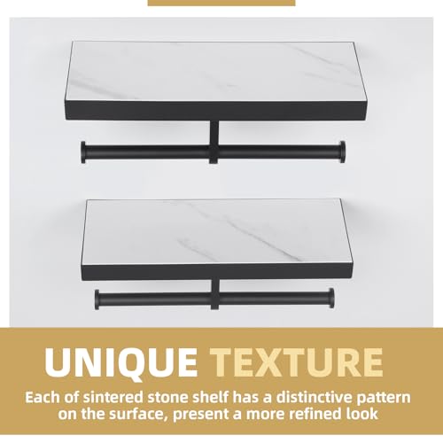 APLusee Double Toilet Paper Holder Matte Black, Stainless Steel Tissue Holder with Sintered Stone Shelf, Wall Mount - size: Double Rod