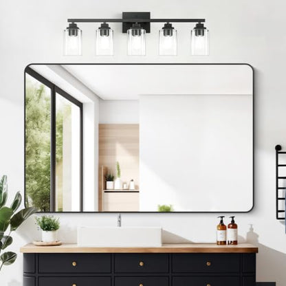 Matte Black Bathroom Vanity Light, 5-Light Modern Vanity Lighting Fixtures Over Mirror with Clear Glass Shade,Square Design,Wall Sconces for Living Room Cabinet Bedroom,E26 Socket - size: 5-Light