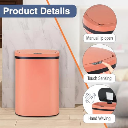 PayLessHere | 13 Gallon Stainless Steel Trash Can | Pink | Automatic Touchless Lid with Motion Sensor | Kitchen Garbage Can with Waterproof Design | for Home, Office, Bathroom | Pack of 1 - color: Pink Stainless Steel