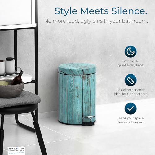 Sanilo Small Bathroom Trash Can with Lid [1.3 Gallon] - Lidded Tiny Trashcan for Garbage - Mini Metal Bin with Soft Closing Mechanism - Bath Room Accessoire Wastebin with Inner Bucket (Lumber) - color: Lumber