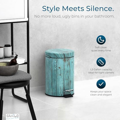 Sanilo Small Bathroom Trash Can with Lid [1.3 Gallon] - Lidded Tiny Trashcan for Garbage - Mini Metal Bin with Soft Closing Mechanism - Bath Room Accessoire Wastebin with Inner Bucket (Lumber) - color: Lumber