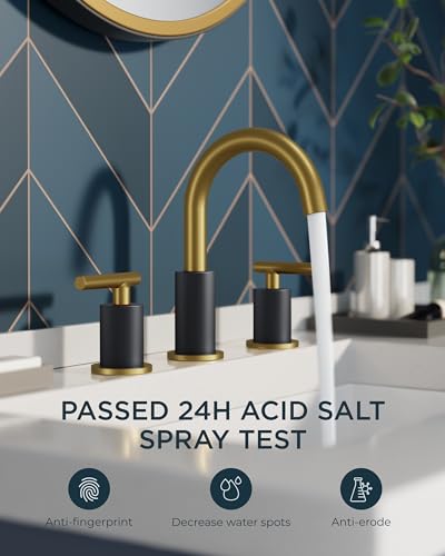 FORIOUS Black and Gold Bathroom Faucet Modern, 3 Hole Bathroom Faucet Black | Gold and Black Bathroom Faucet 3 Holes, 2 Handle Modern Bathroom Vanity Faucet Widespread 8 Inch with 360° Swivel Gooseneck - color: Gold&Black, style: Modern