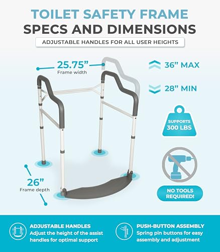 Stander Wonder Toilet Safety Rails for Seniors, Adjustable Detachable Toilet Frame with Padded Handles for Elderly Adults, Foldable Handicap Support Rail with Footrest, Fits Any Toilets