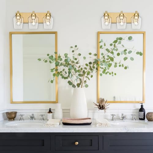 3-Light Brushed Gold Bathroom Vanity Light, Wine Clear Glass Shades | 17" modern bathroom light fixtures over mirror, E26 base, bulbs not included, VL155-BG-3 - color: Brushed Gold, Wine Glass Shade, size: 3-light