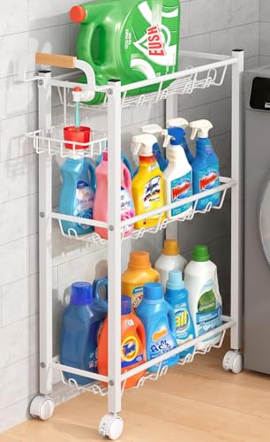 AOODA Laundry Room Cart with Top Detergent Holder, Metal Rolling Storage Cart Between Washer and Dryer, 3 Tier Narrow Laundry Room Organization and Storage with Wheels (White) - color: Arctic White