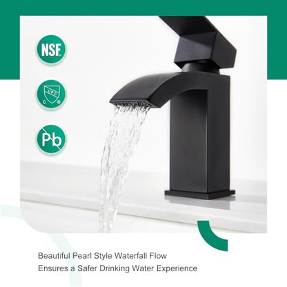 CREA Matte Black Waterfall Bathroom Faucet 1 Hole Single Handle Bathroom Sink Faucet with Pop Up Drain,Stainless Steel RV Vanity Faucet Basin Mixer Tap 3 Hole Plate Water Supply Line - color: Matte Black, style: Rectangular Spout