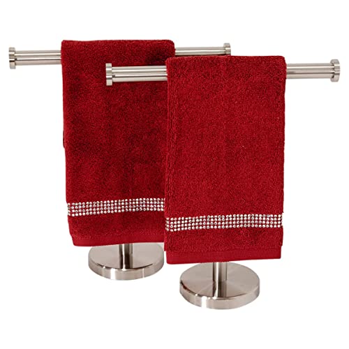 Stripe Fingertip Towel (Set of 2), 100% Turkish Cotton, Glass Rhinestones, 13", Machine Washable, Red - color: Red