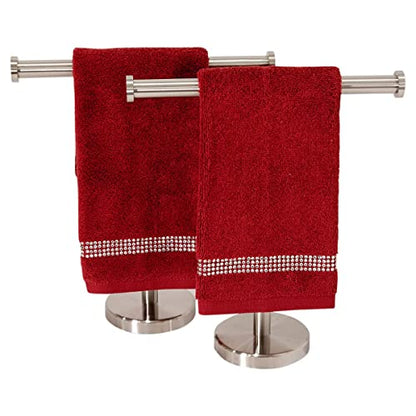 Stripe Fingertip Towel (Set of 2), 100% Turkish Cotton, Glass Rhinestones, 13", Machine Washable, Red - color: Red