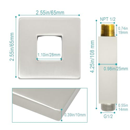 Enga Brass 3 Inches Square Shower Arm with Flange, Ceiling Mount Replacement Rain Shower Head Straight Arm, Brushed Nickel - color: Brushed Nickel, style: 3 Inch