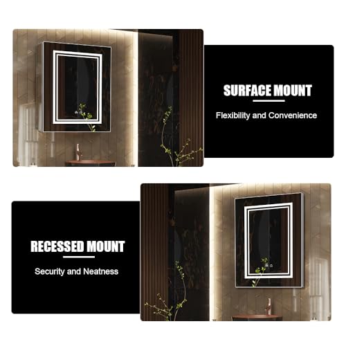 High-End Led Medicine Cabinet,Lighted Medicine Cabinet,3 Colors&Dimmable,Demister,Lighted Glass Shelf,USB Shaver Socket.Surface Mount or Recess Mount,16×24inch - size: 16×24inch