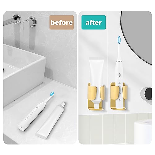 Electric Toothbrush Holder Wall Mount, 304 Stainless Steel Self-Adhesive Bathroom Organizer for Electric Toothbrush, Toothpaste & Face Wash-Space Saving, Waterproof, Holds Up to 10lbs (Golden 2 Pack) - color: Golden 2 Pack