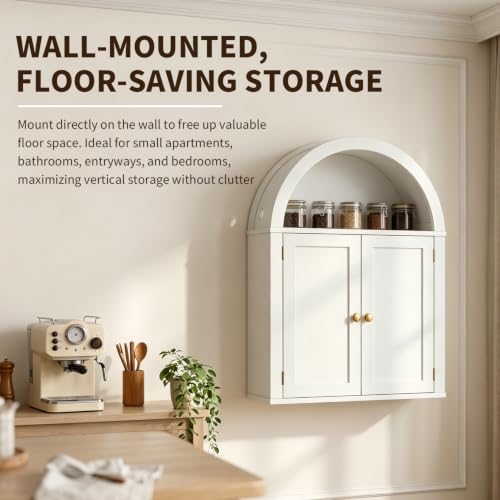 Bathroom Wall Cabinet with LED Light, Over The Toilet Storage Cabinet, Arched Bathroom Cabinet Wall Mount with 2 Doors & Adjustable Shelves, Above Bathroom Sink Cabinet for Laundry Kitchen (White) - color: White
