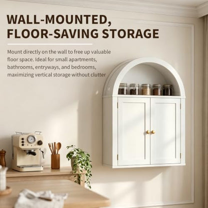 Bathroom Wall Cabinet with LED Light, Over The Toilet Storage Cabinet, Arched Bathroom Cabinet Wall Mount with 2 Doors & Adjustable Shelves, Above Bathroom Sink Cabinet for Laundry Kitchen (White) - color: White