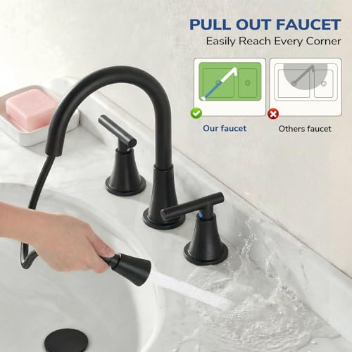 8 Inch Pull Out Sprayer Bathroom Faucet 3 Hole, Widespread 2 Handle Sink Faucet with Pop Up Drain and Supply Lines, Stainless Steel for Vanity, RV, Matte Black - color: Matte Black, size: 8 IN
