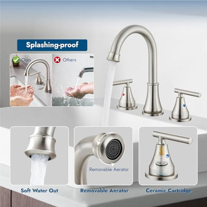 Widespread Bathroom Faucet 3 Hole, 8 inch Bathroom Sink Faucet with Pop-up Drain and Supply Lines, Two Handles, Stainless Steel, Brushed Nickel - color: Brushed Nickel