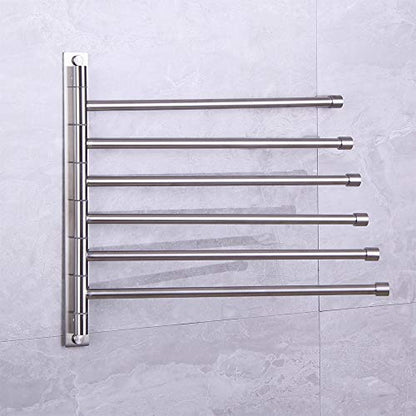 Swivel Towel Bar 6-Arm Bathroom Towel Holder Wall-Mounted Swing Out Towel Rack with Hooks Rustproof Brushed Finish - color: Brushed