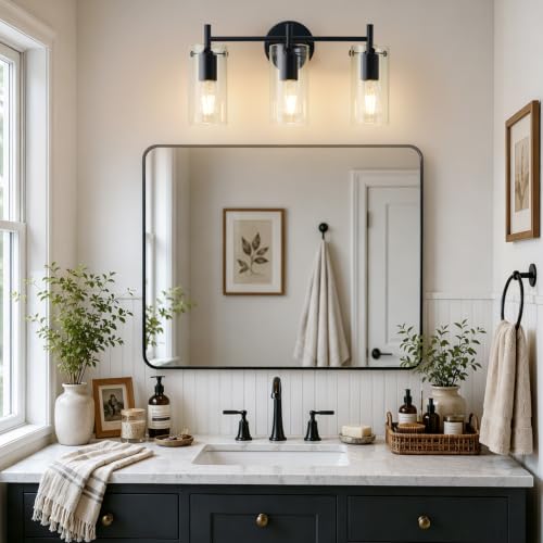 Indoi Bathroom Light Fixtures, 3-Light Matte Black Vanity Light, Black Bathroom Lights Over Mirror with Clear Glass Shade, Wall Sconces for Mirror Bedroom Living Room Hallway - color: Matte Black