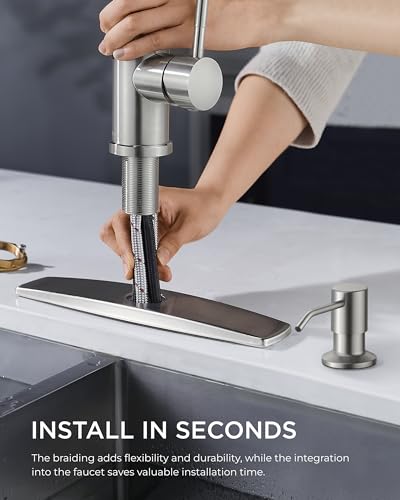 FORIOUS Kitchen Faucet with Soap Dispenser, Stainless Steel, Brushed Nickel | Pull Down Sprayer, High Arc Single Handle, Classic 3 Modes Bar Sink Faucet with Deck Plate, Suitable for Rv Laundry Camper - color: Stainless Steel, style: Classic