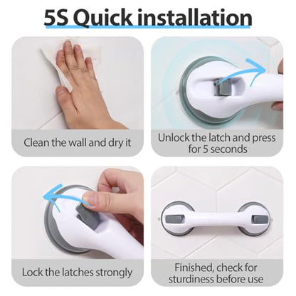 12" Grab Bars for Shower & Bathtub, 2-Pack Strong Suction Removable Shower Handles for Elderly Seniors Handicap – No Drilling Safety Grab Bar Replacement for Bathroom Wall, Grey