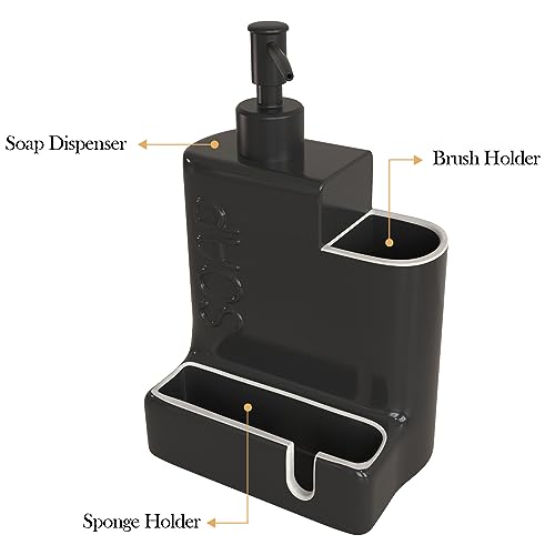 Soap Dispenser with Sponge Holder and Brush Holder, Ceramic Dish Soap Dispenser Pump, 3 in 1 Liquid Hand Soap Organizer with Funnel for Kitchen Sink Countertop, Matte Black