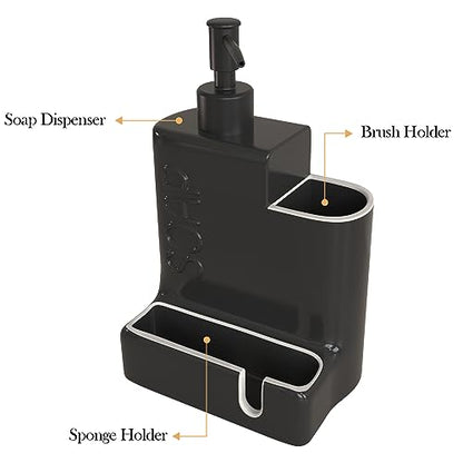 Soap Dispenser with Sponge Holder and Brush Holder, Ceramic Dish Soap Dispenser Pump, 3 in 1 Liquid Hand Soap Organizer with Funnel for Kitchen Sink Countertop, Matte Black
