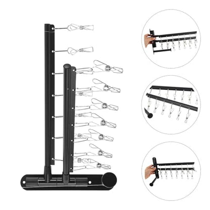 OSALADI Wall Mounted Utility Rack with 2-Tier Stainless Steel Multi Bar and 360° Rotating Arms, Black Clothes Drying Rack with No-Drill Installation and Strong Loadbearing for Laundry